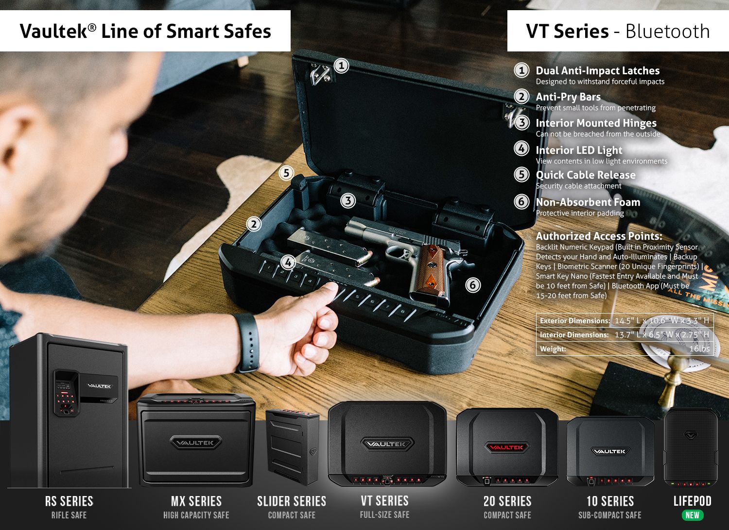 Non-Biometric Vaultek VT Full-Size Handgun Bluetooth Smart Safe Multiple Pistol Safe with Auto-Open Lid and Rechargeable Battery